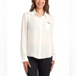 NWT BCX Juniors' Solid Dobby Long Sleeve Shirt White Blouse
